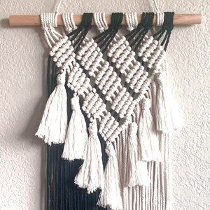 Black White Nordic Boho Bohemian Tasseled Macrame Woven Wall Hanging Tapestry